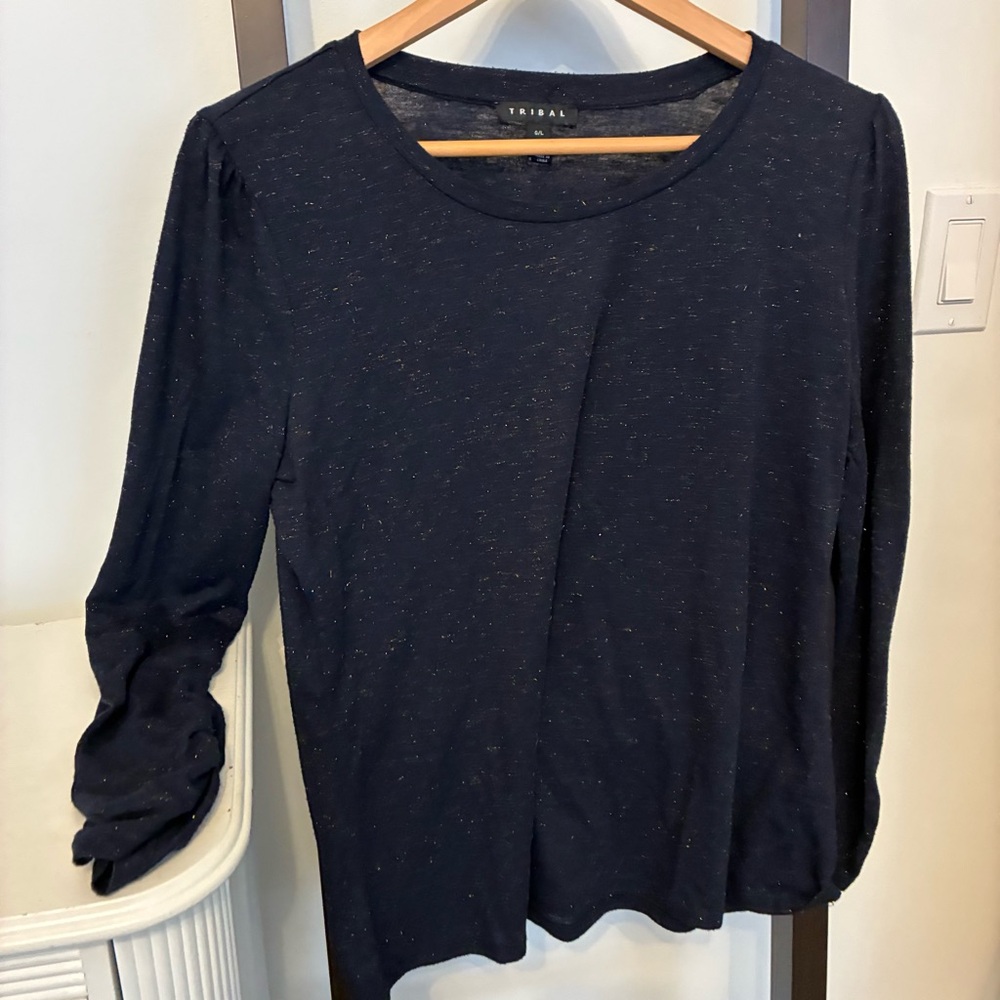 Tribal Navy Blue Long Sleeve Top with gold thread throughout and ruching detail